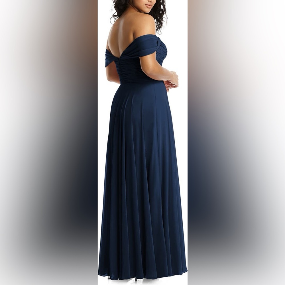 Dessy Collection Lux Off the Shoulder Chiffon Gown Navy Blue Maxi Dress Size 12 - Picture 2 of 8
